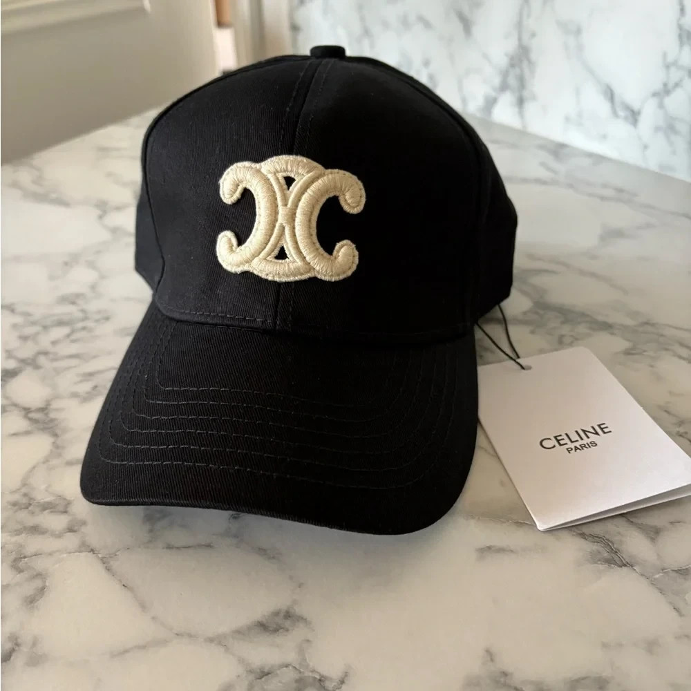 Celine Triomphe Black Baseball Cap Cream Embroidered Logo Unisex Adjustable Hat