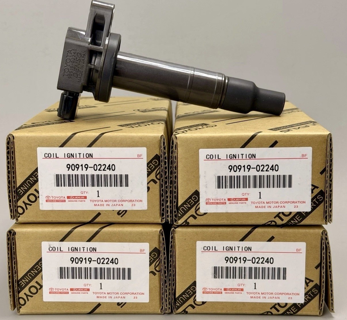 4 pack of Toyota on the plug coil, Denso 90919-02240 made in Japan. 4 pack of Toyota on the plug coil, Denso 90919-02240 made in Japan.