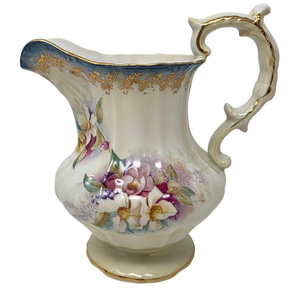 Antique R.S. Suhl Germany Hand Painted Floral Porcelain Pitcher Gold c.1900-1914