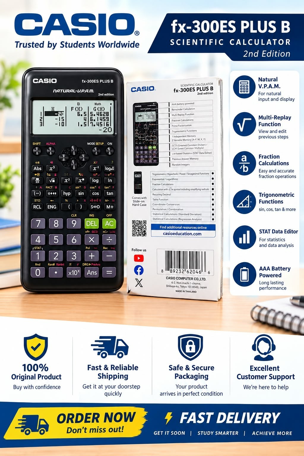 Casio FX-300 Scientific Calculator Black – Math, Science &Engineering Calculator