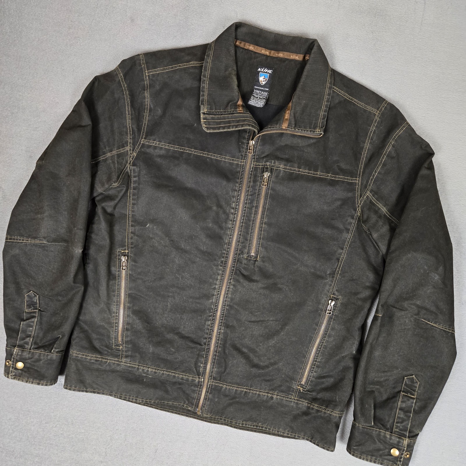 Kuhl Burr Jacket Mens Large Patina Dye Black Full Zip Canvas Hiking Gorp Outdoor Kuhl Burr Jacket Mens Large Patina Dye Black Full Zip Canvas Hiking Gorp Outdoor