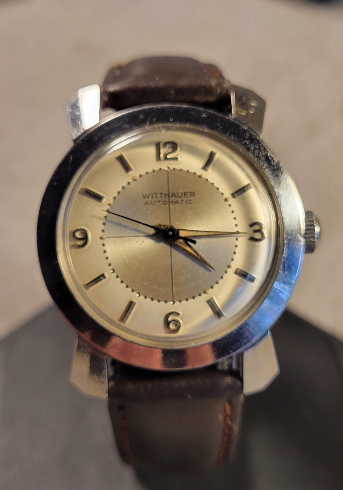 Vtg Swiss Wittnauer Automatic Stainless Steel Men's Watch Crosshair Dial 11ARB 