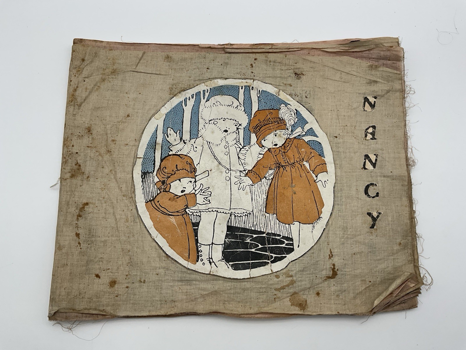 Antique c1920 Child’s Cloth Scrapbook 16”x12” Advertising Ephemera Folk Art OOAK