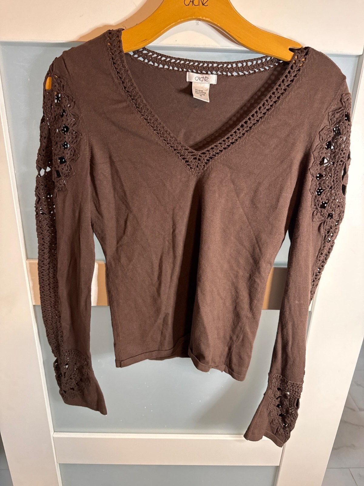 Brown Crochet Sleeve V-Neck Long Sleeve Top For Women Size S               21-75
