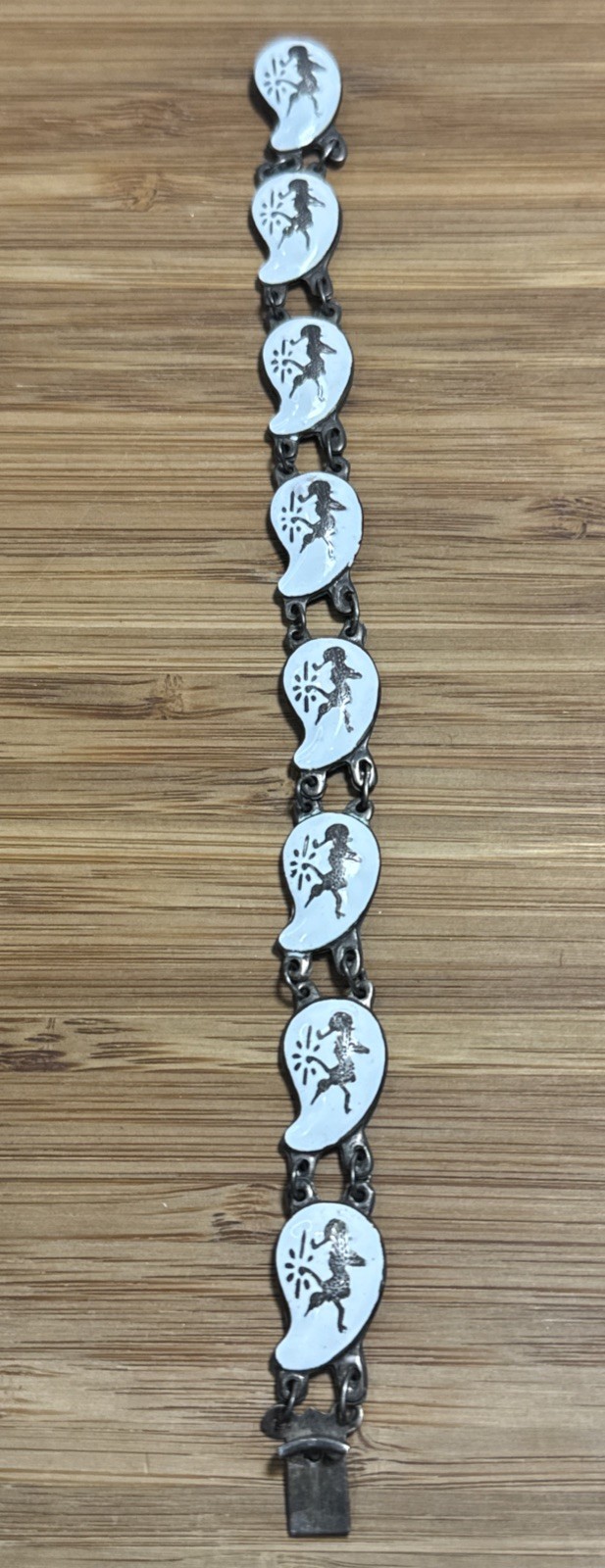 Vintage SIAM Sterling 925 White Enamel Thai Dancer Panel Bracelet 8”