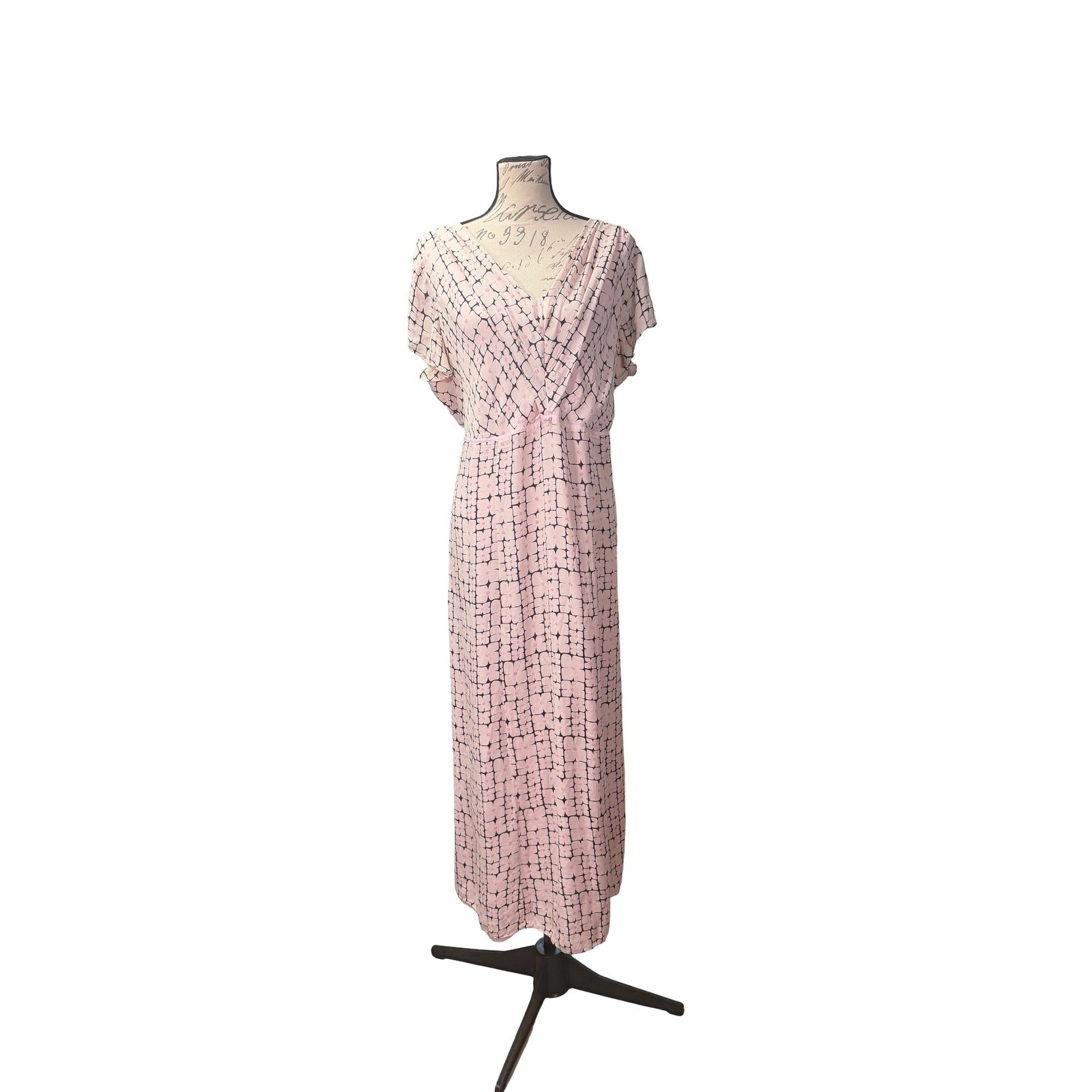 Pink Geometric Floral Grid V-Neck Short Sleeve Maxi Dress Crossover Bodice
