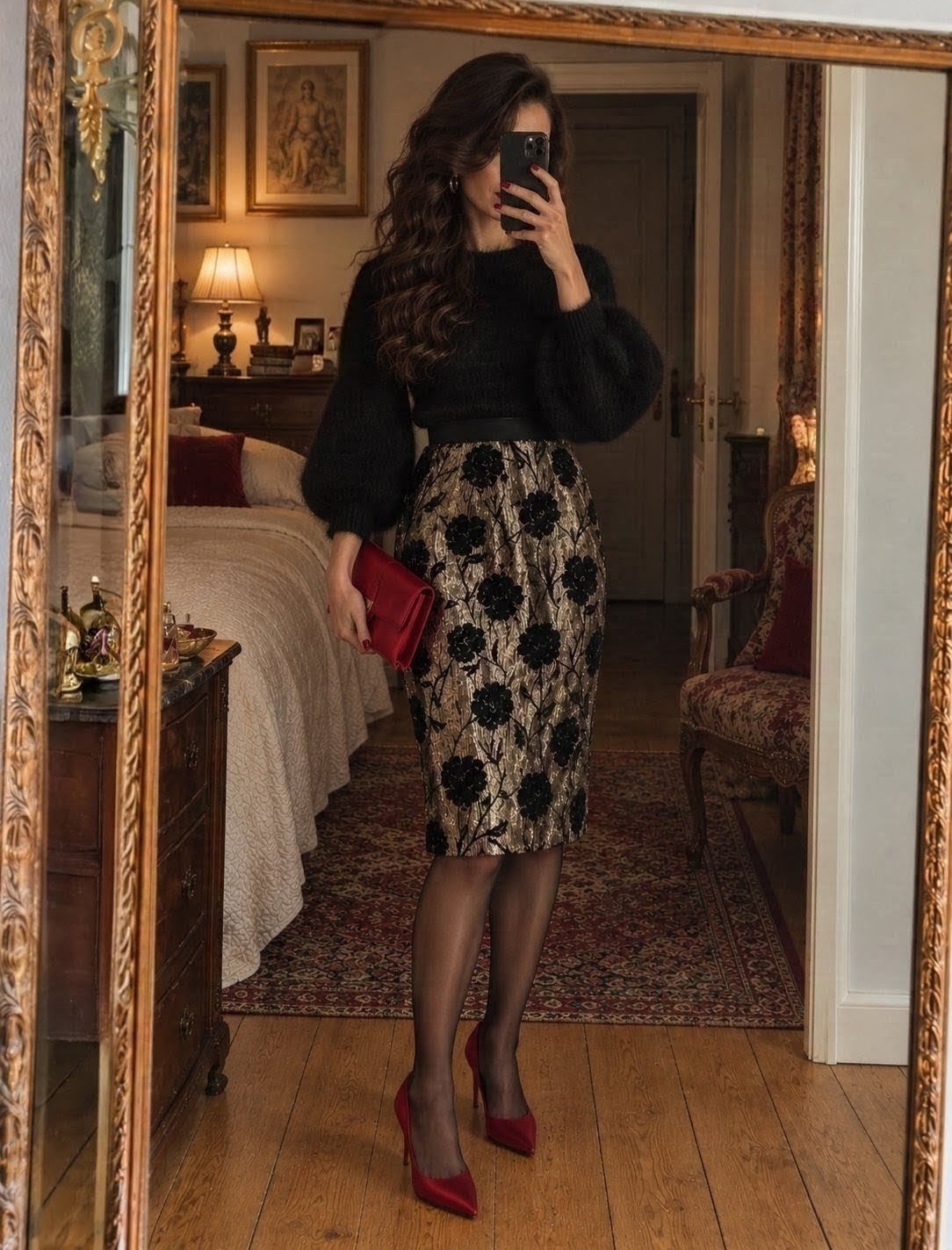 Vintage ESCADA Margaretha Ley 1980s Silk Gold Floral Brocade Skirt UK 8