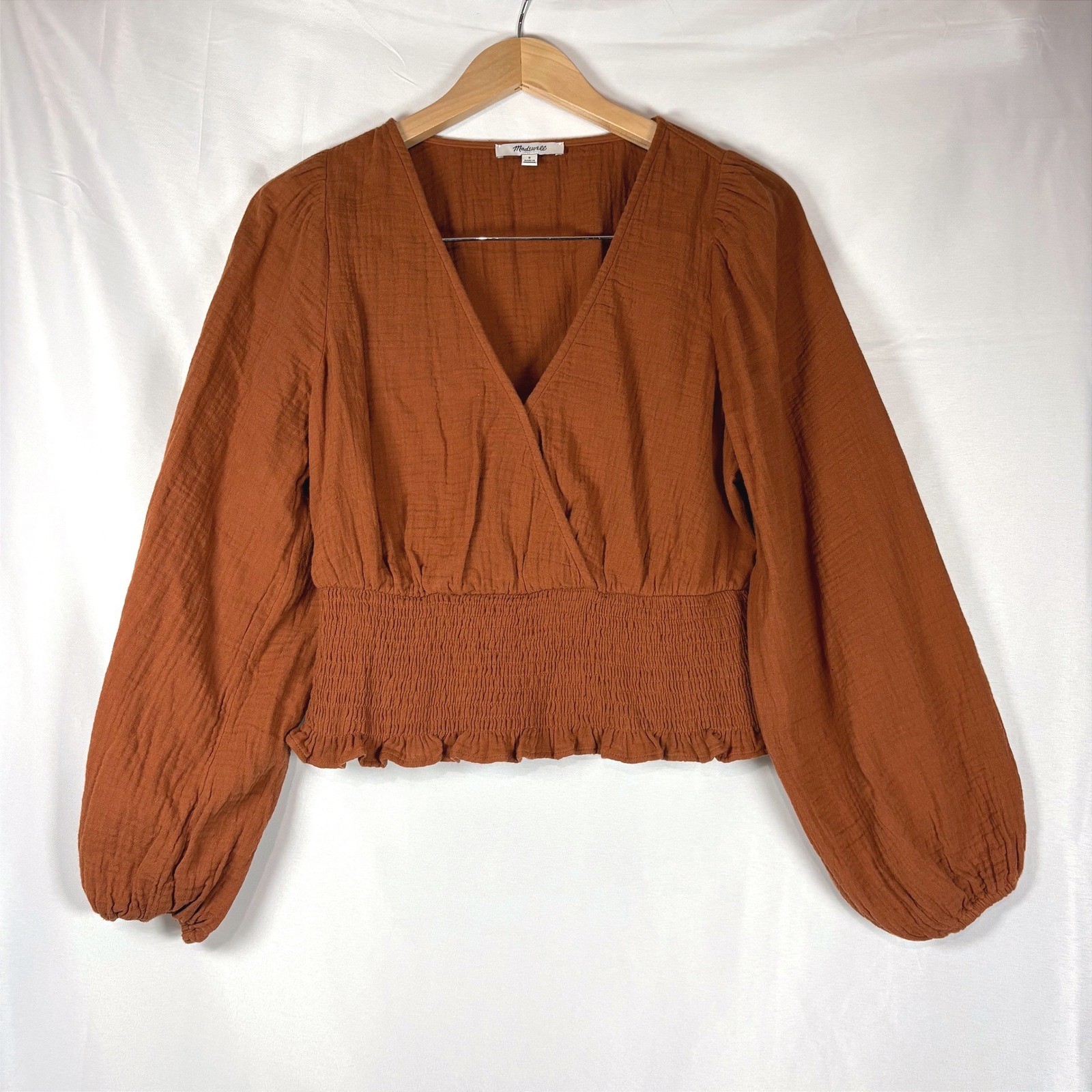 Madewell Double Gauze Smocked Peplum Top Orange Camel Small Long Sleeve V-Neck