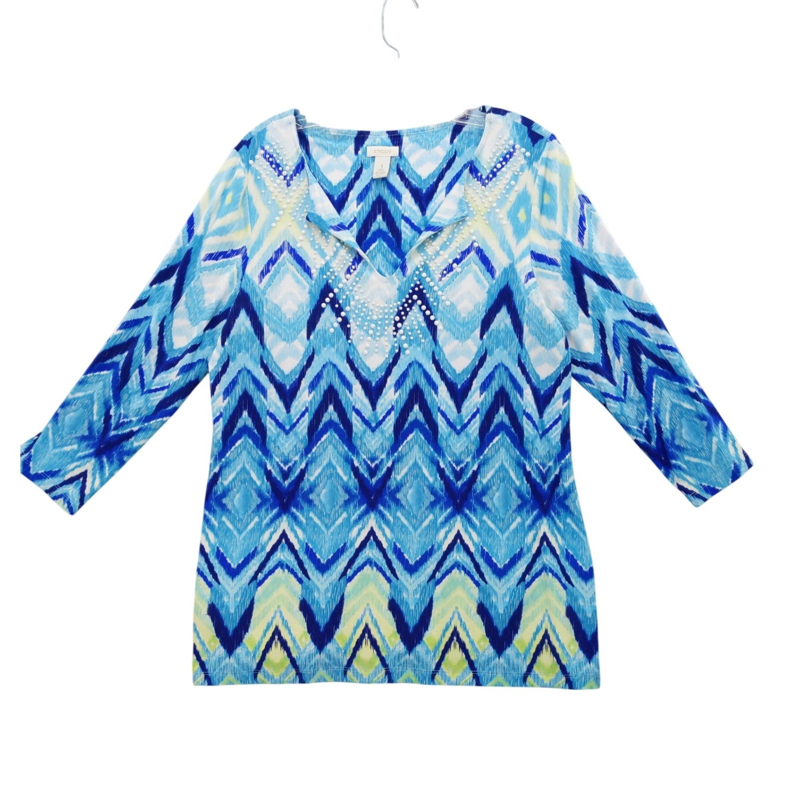 Chico\'s Embellished Tunic Top Chevron Print 3/4 Sleeve Blouse Size 1 S