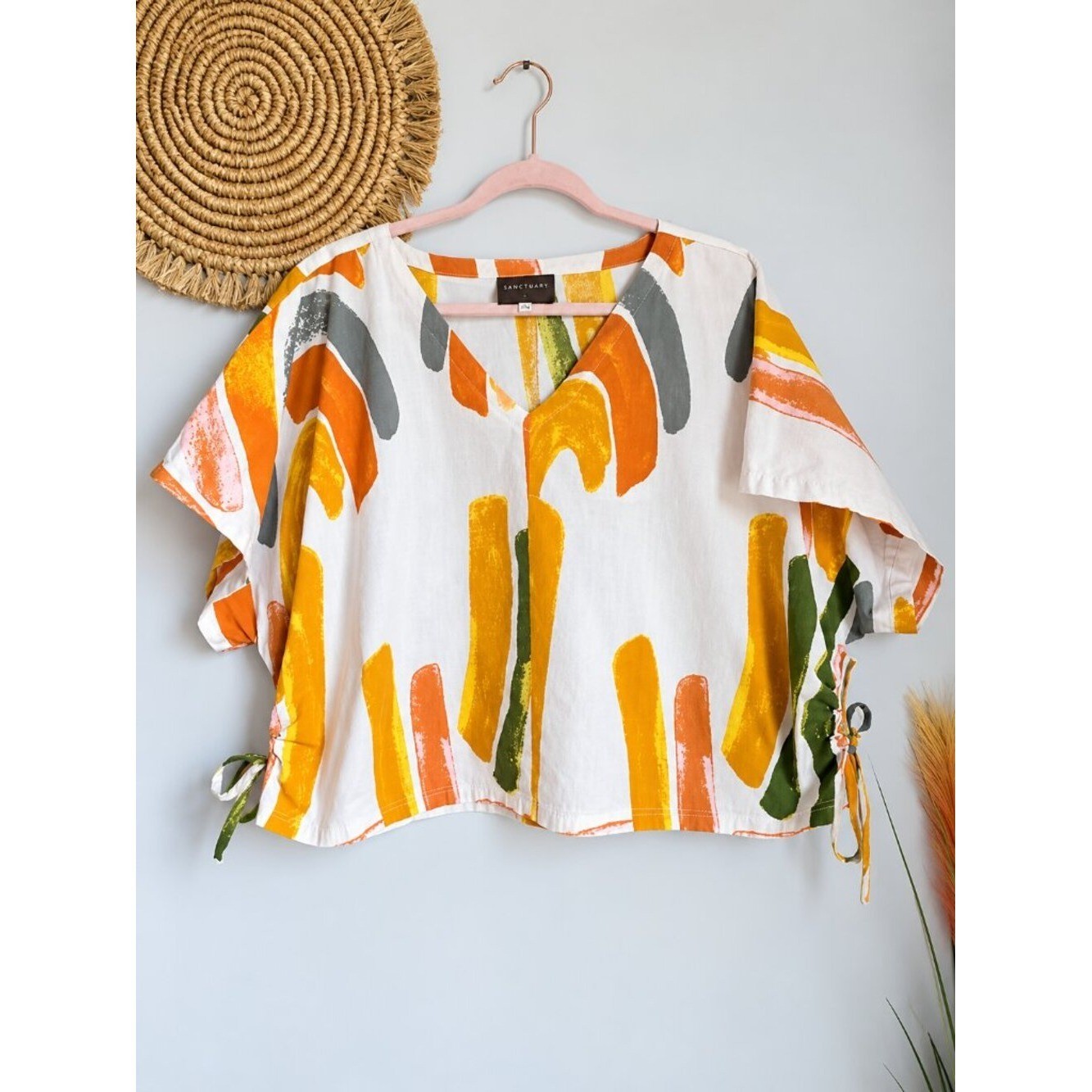 BEL KAZAN Isla Adobe Vista Print Side Tie Cinch Oversized Dolman Top SZ Large XL