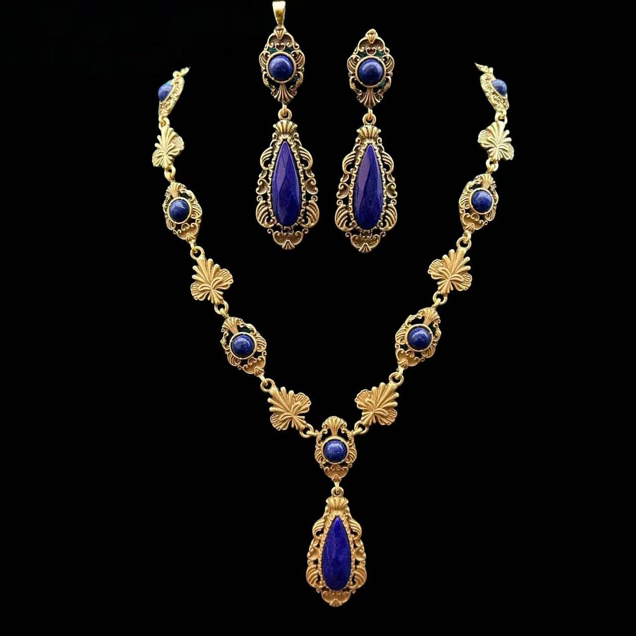 Vintage Lapis Lazuli Jewelry Set Gold Statement Necklace Earrings Royal Blue