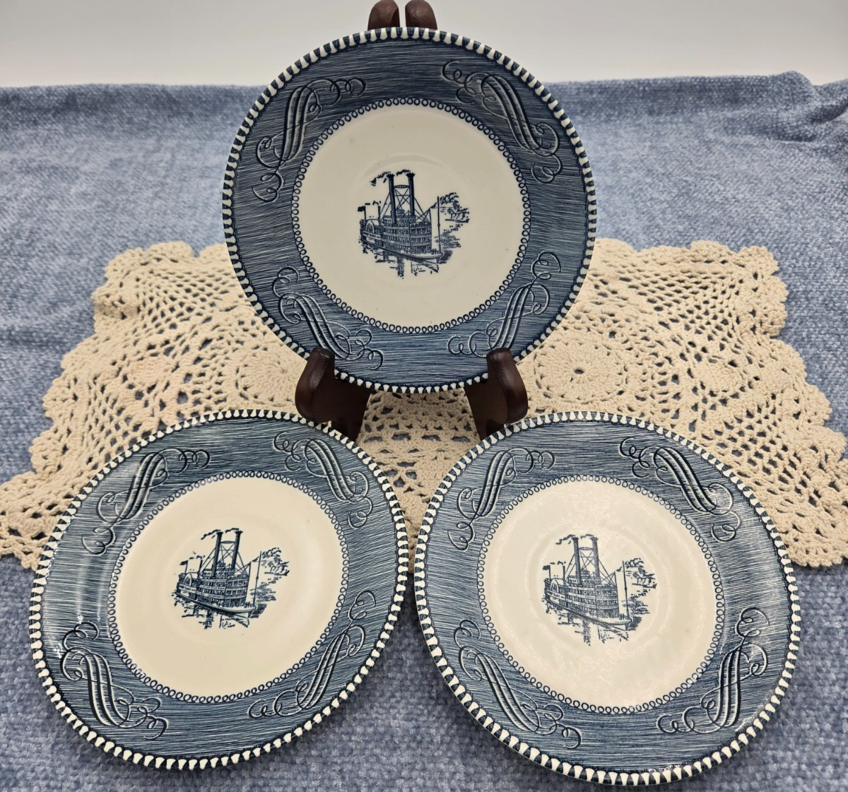 3 VTG Currier & Ives Low Water on the Mississippi Blue Saucer Plates Royal China