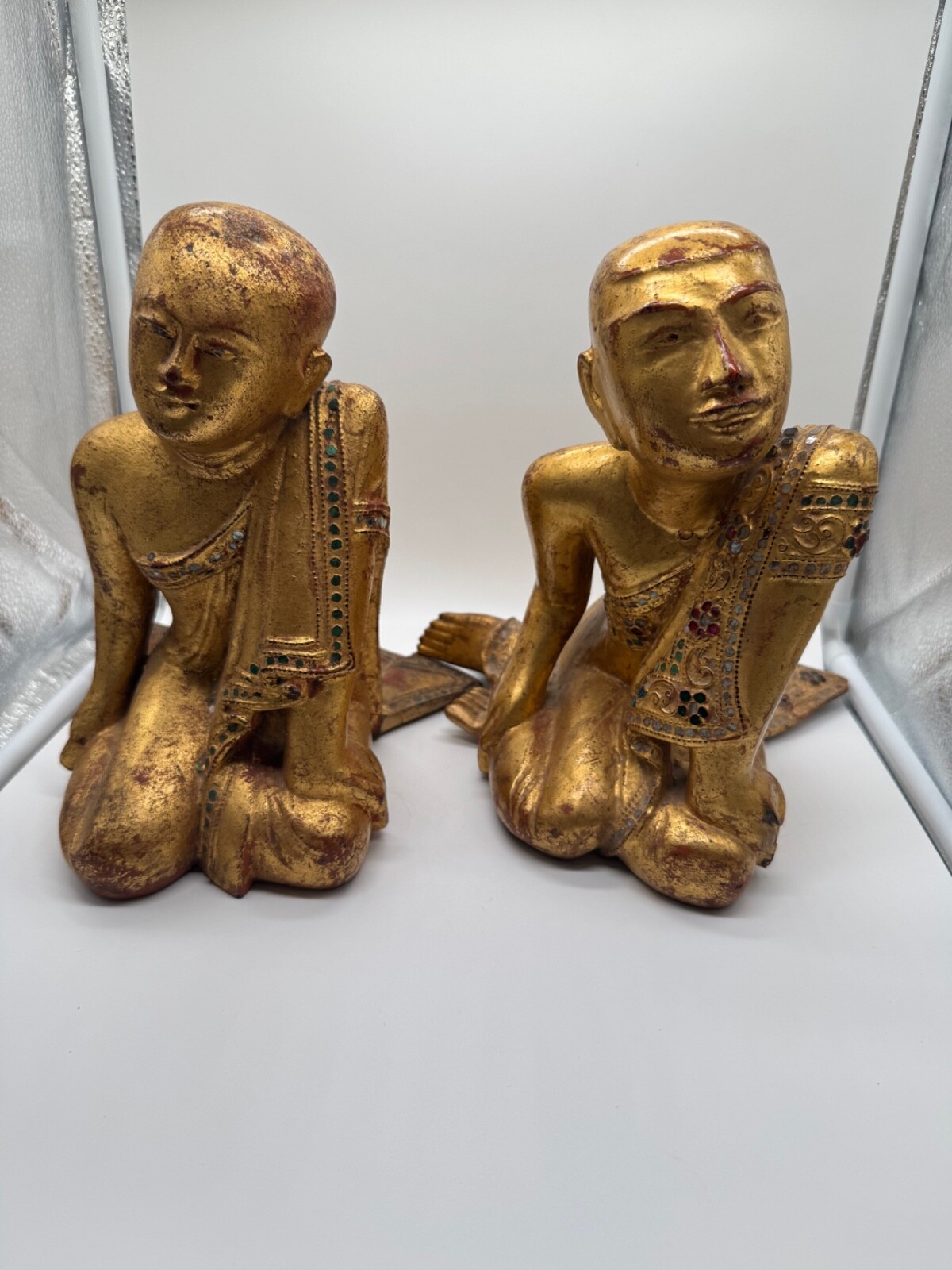 Antique 19thC Burmese Mandalay Gilt Wood Monk Statues Pair Sariputta Moggallana