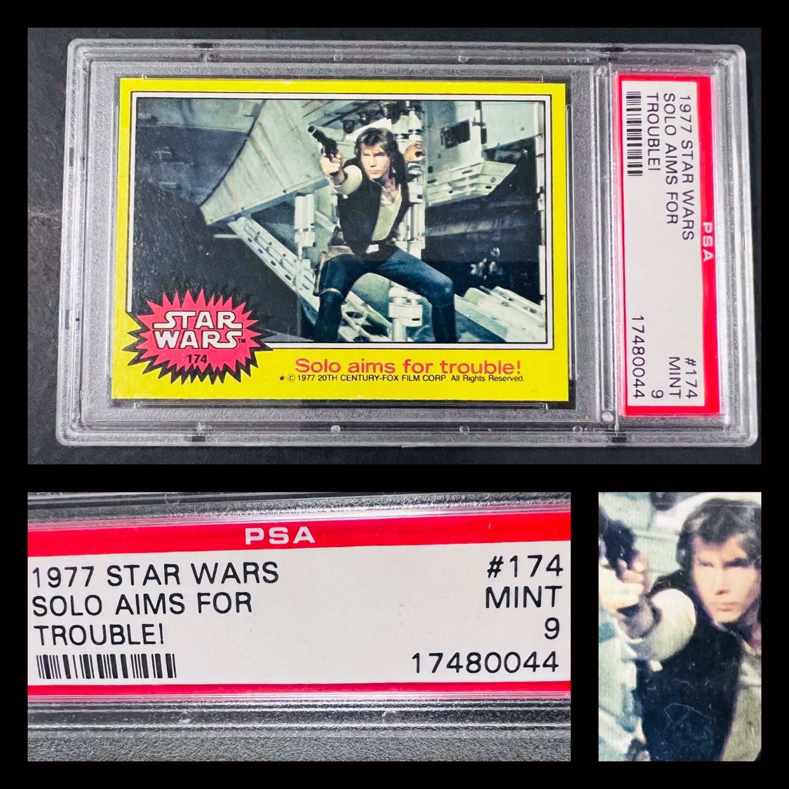 VTG 1977 Topps Star Wars 174 Han Solo Aims For +Trouble Harrison Ford PSA 9 MINT