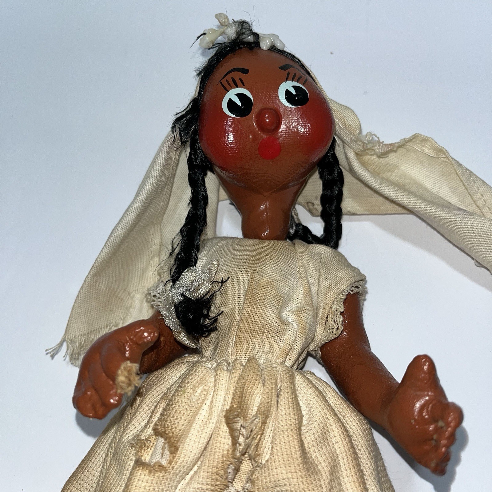 Vintage Handmade Folk Art Bride Doll Papier Mache Cloth Dress Leather Sandals