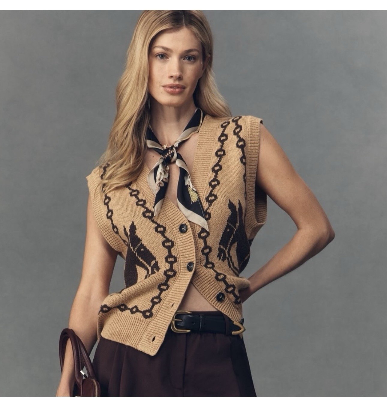 Anthropologie Moon River Jacquard V-Neck Cardigan Sweater Vest Size Small