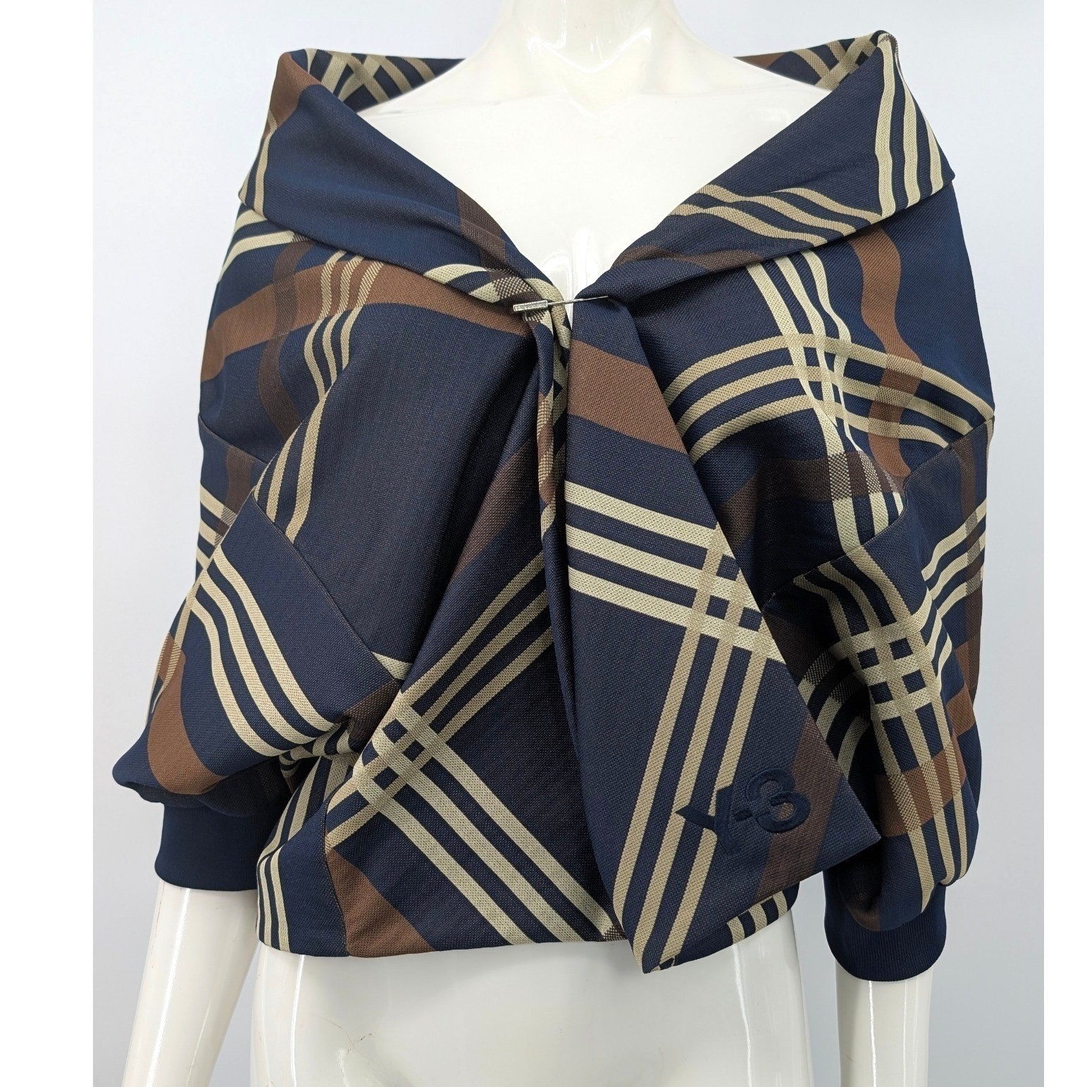 Y-3 Yohji Yamamoto Adidas Bolero Jacket M Plaid Convertible Shawl Scarf Cape