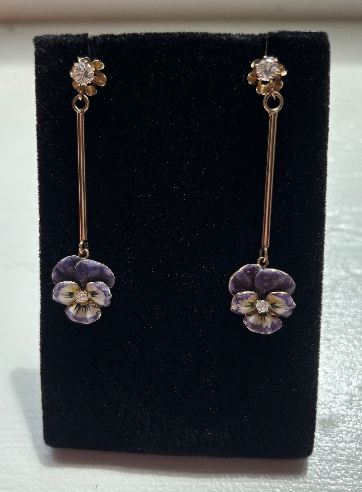 Vintage 14K or 18K yellow gold pansy earrings with 2 diamonds on each earring Vintage 14K or 18K yellow gold pansy earrings with 2 diamonds on each earring