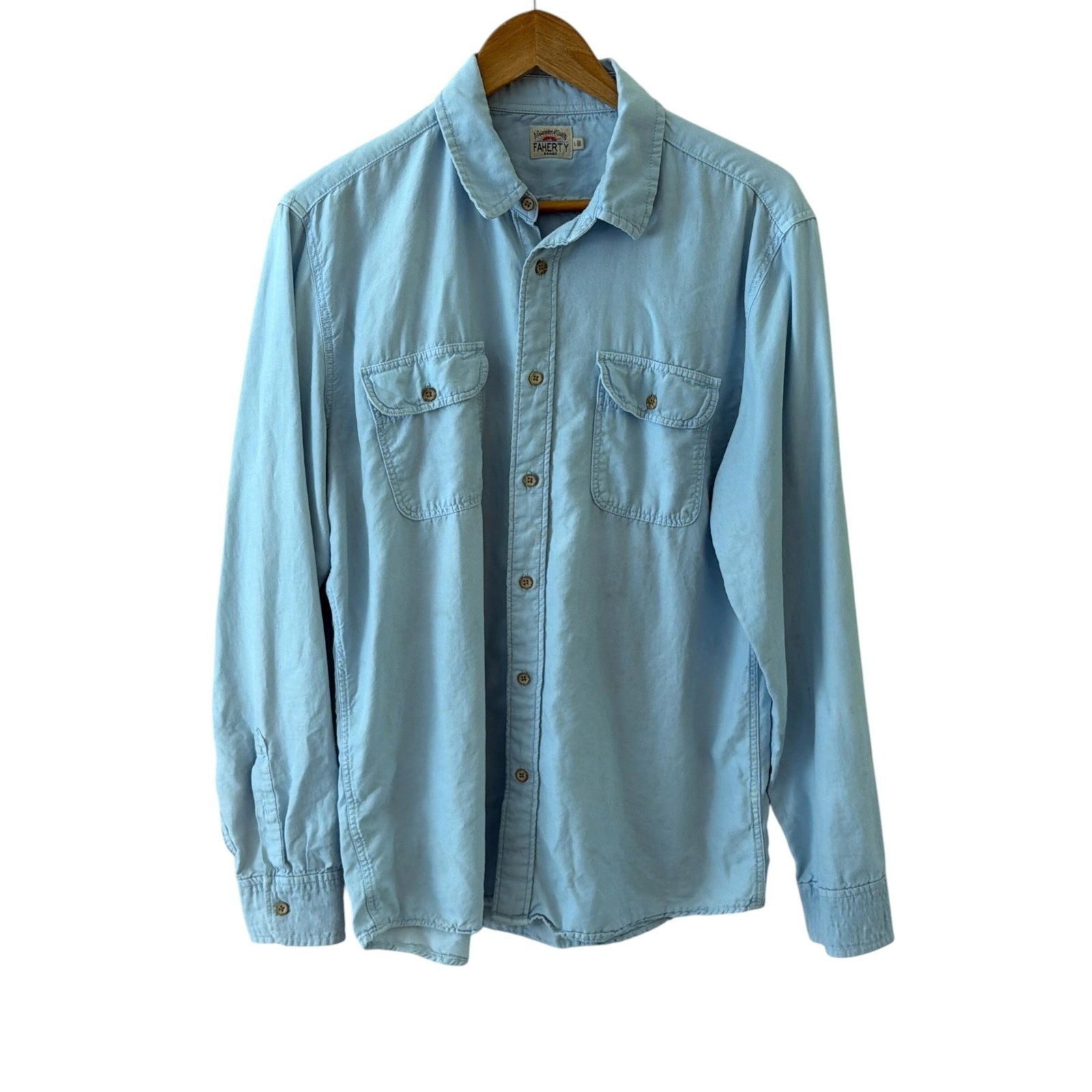 Faherty The Getaway Shirt Mens L Sky Blue Long Sleeve Cotton Tencel Garment Dyed