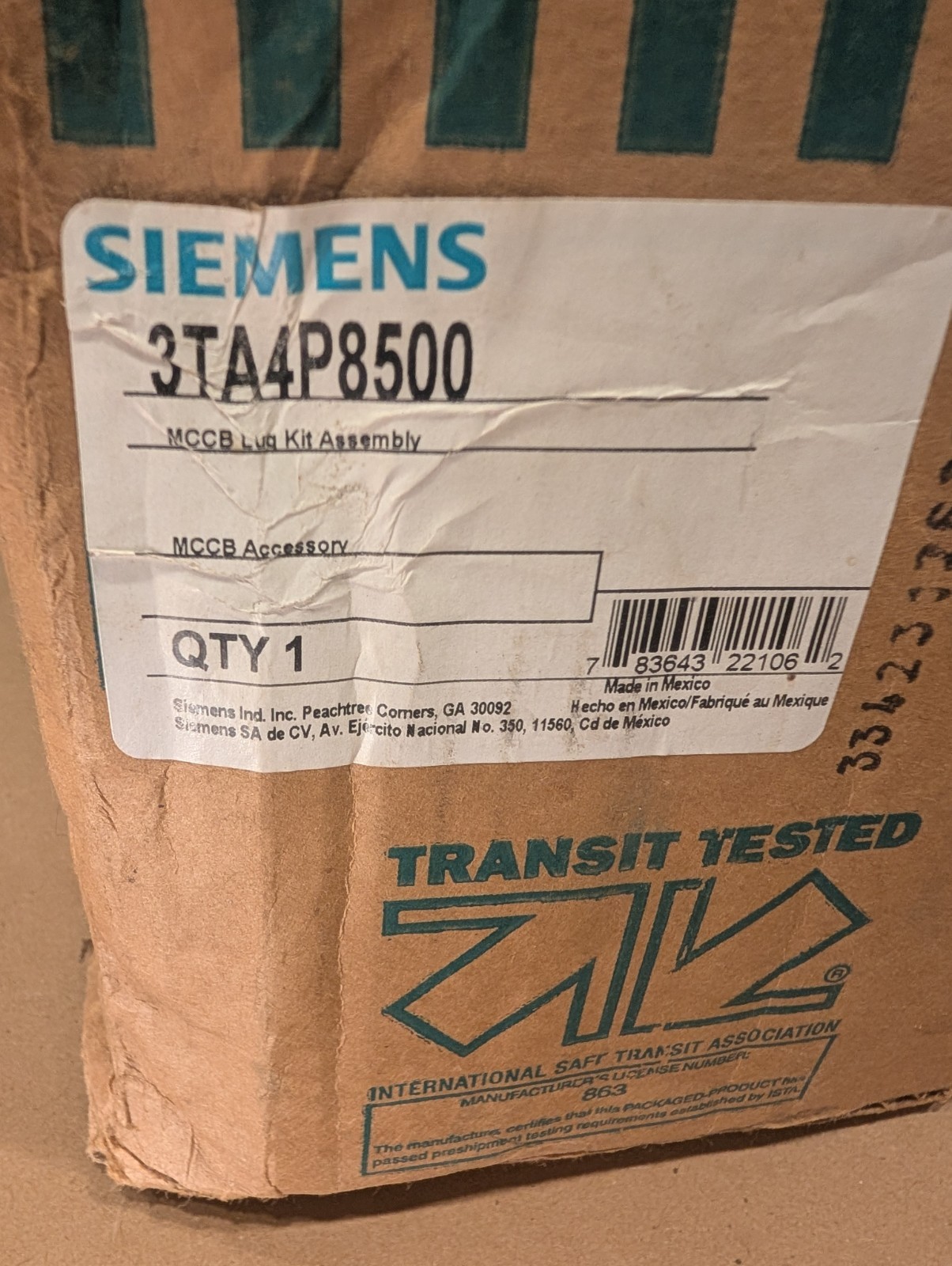 Siemens 3TA4P8500 MCCB Lug Kit 3 Pole 250-500 kcmil Cu/Al NEW IN BOX