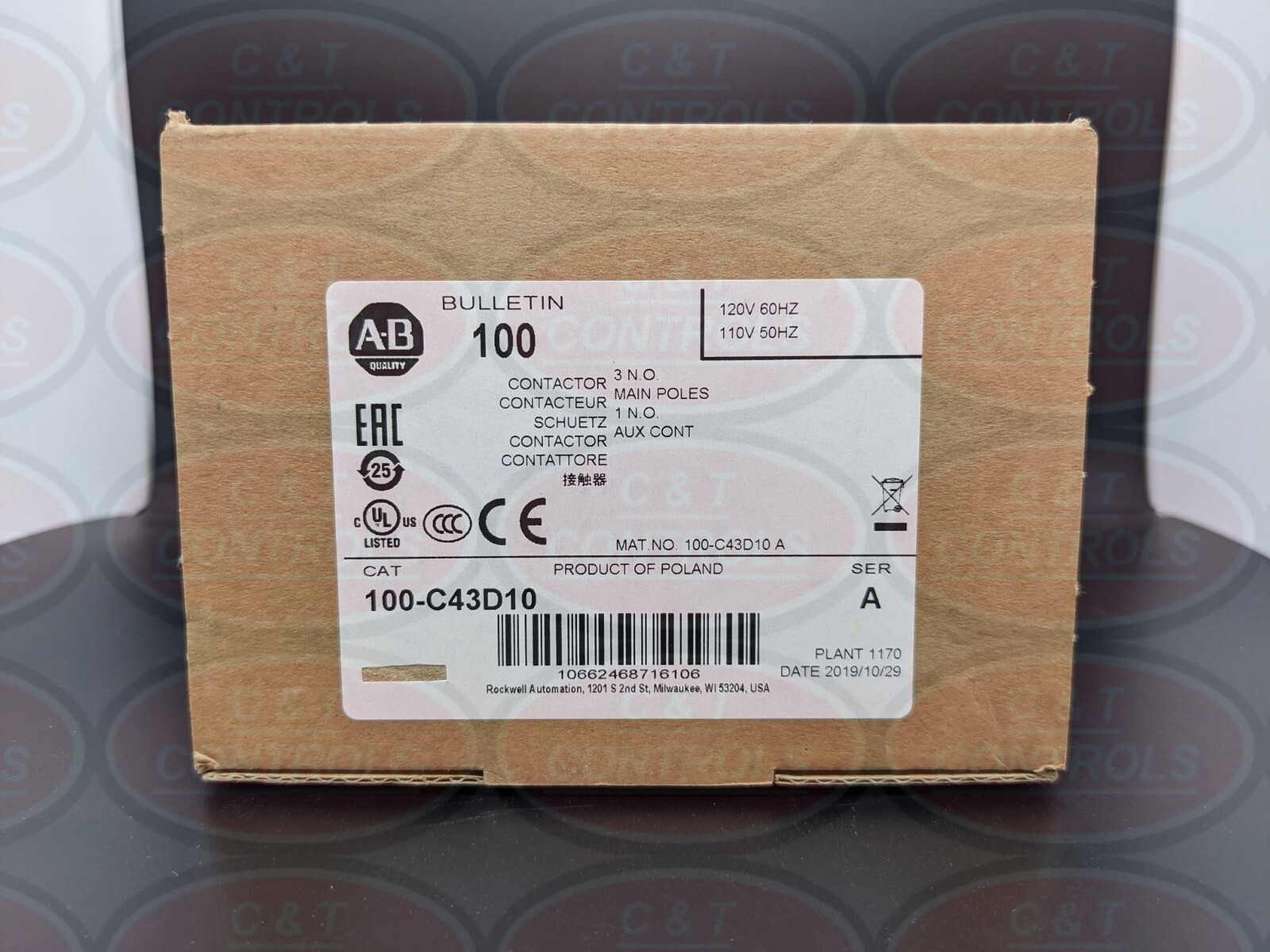Allen Bradley 100-C43D10 100C43D10 CONTACTOR 43A 3P New In Box USA Stock