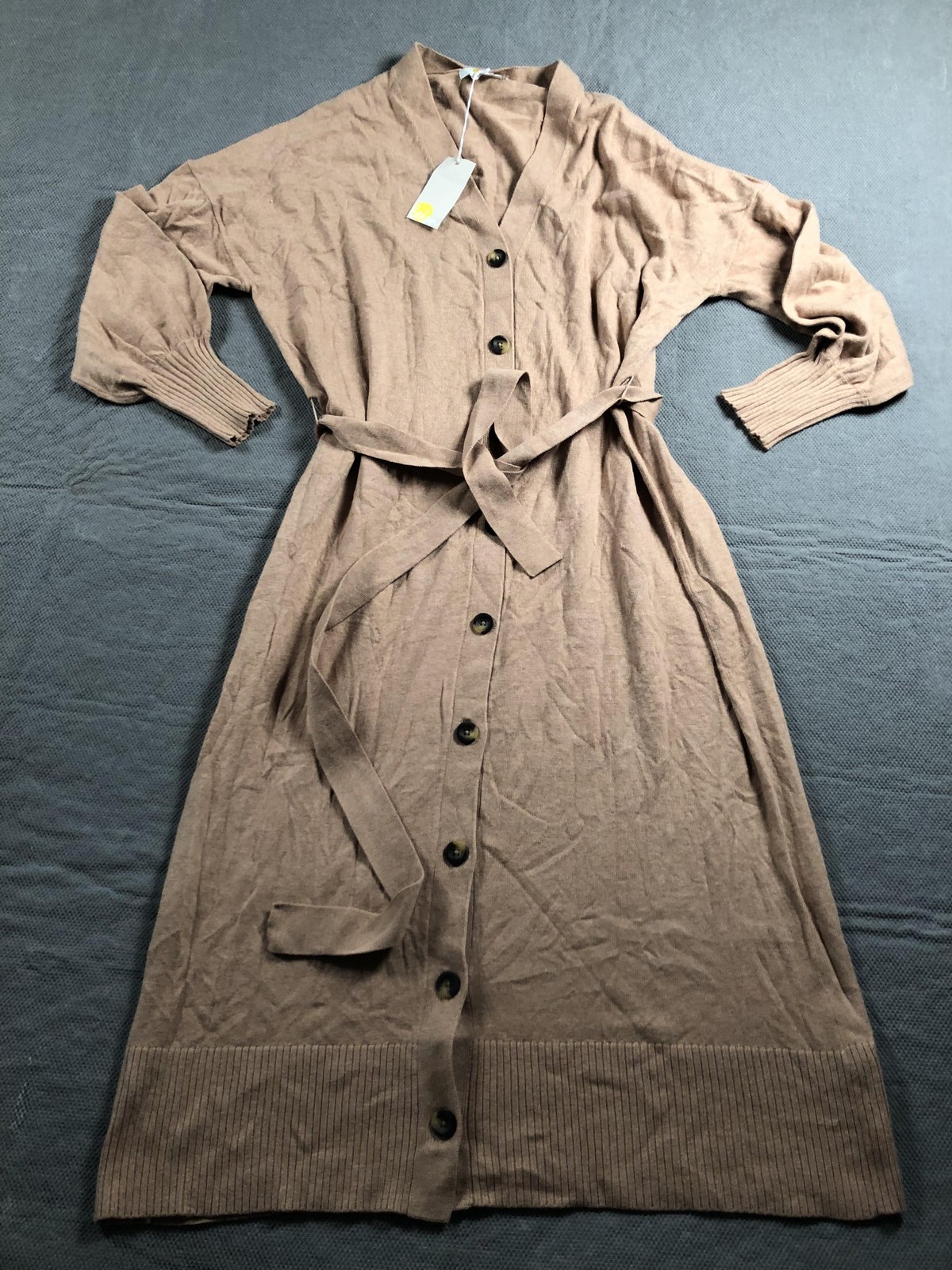 Boden Sweater Dress Womens 12 Brown V Neck Long Sleeve Button Belted Midi NWT