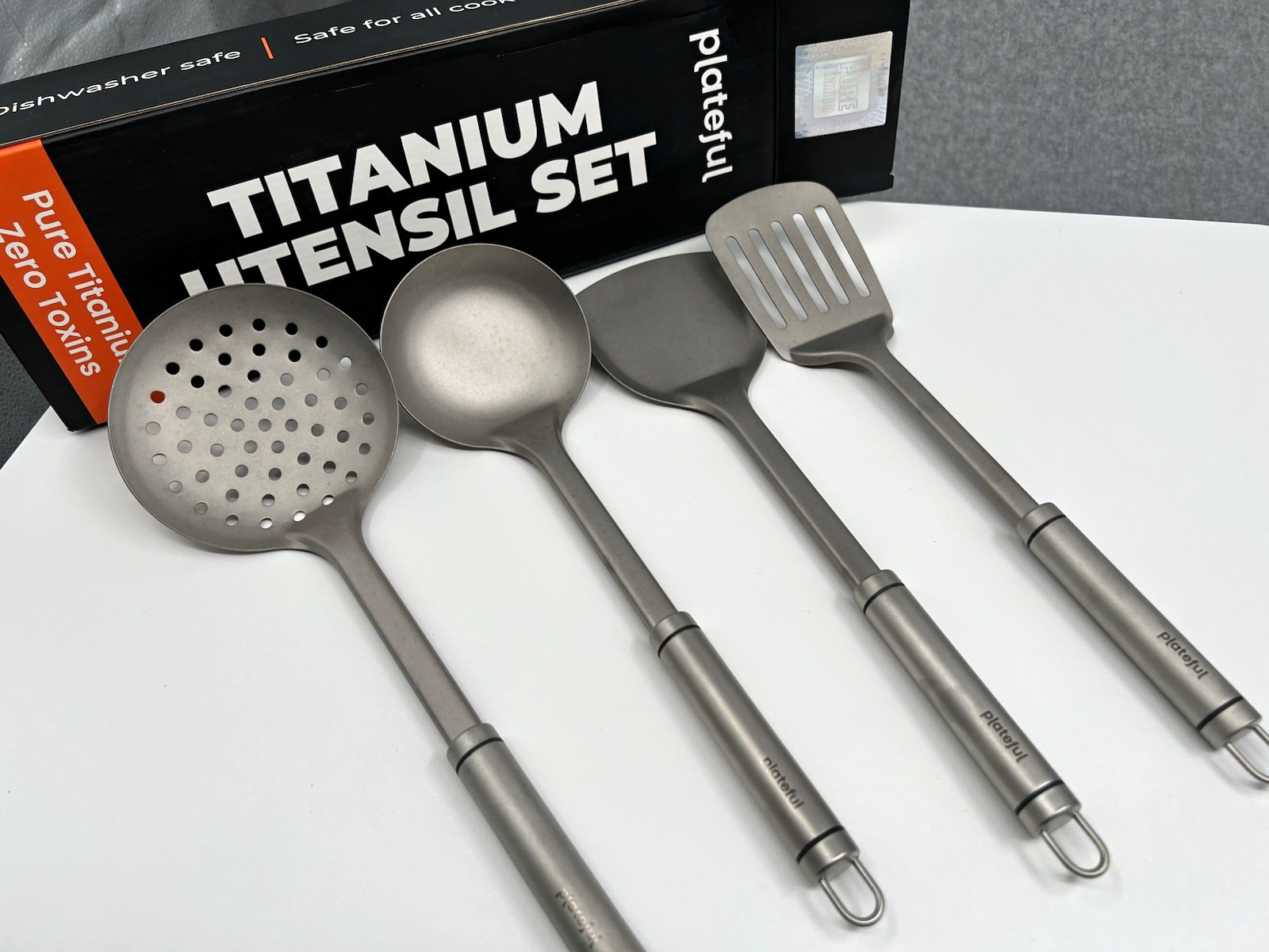 Plateful Titanium Pro 4pc Utensil Set Spatula Skimmer Dipper Turner Gray