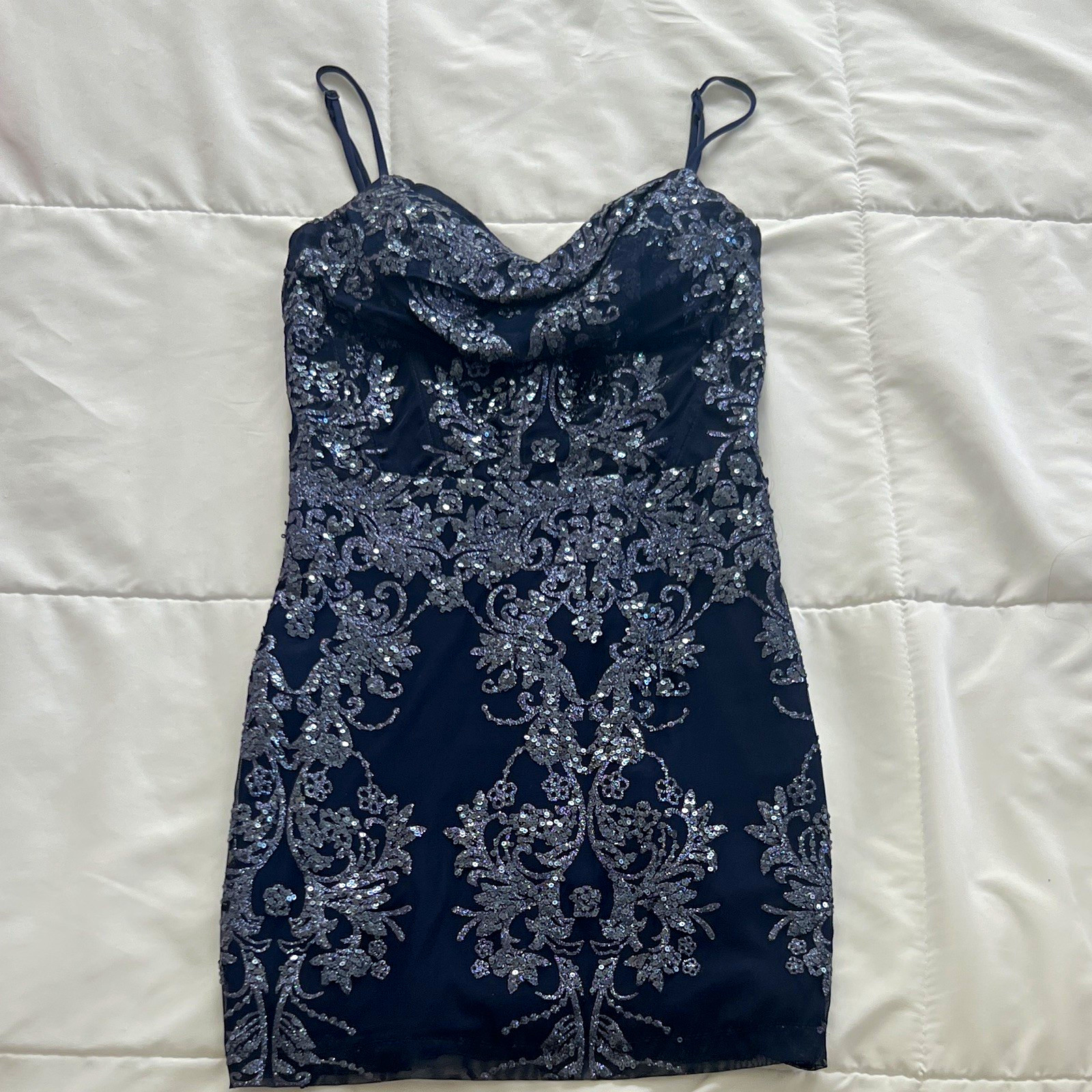 Windsor Navy Silver Sequin Floral Bodycon Corset Lace Up Mini Dress M Windsor Navy Silver Sequin Floral Bodycon Corset Lace Up Mini Dress M