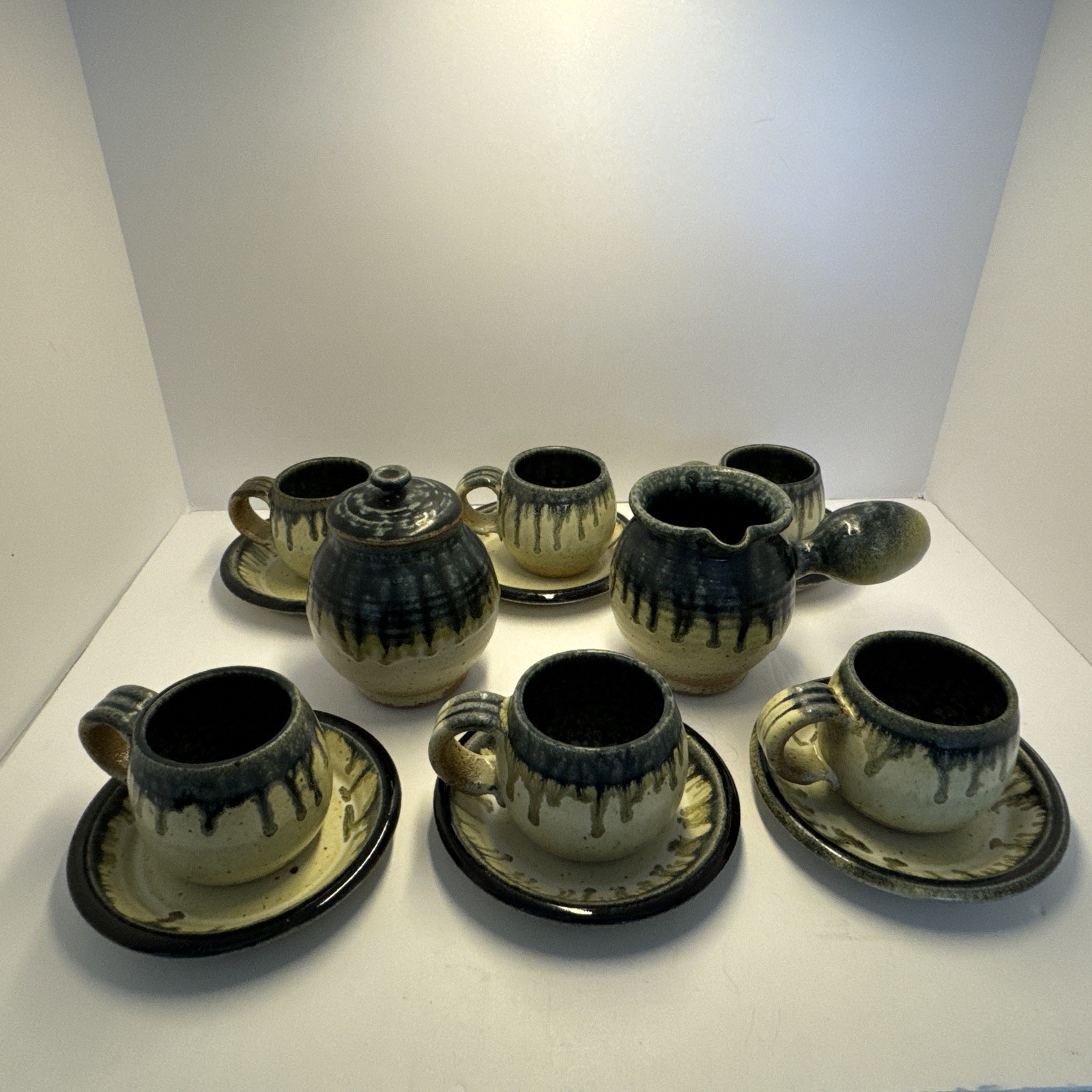 Vintage Studio Art Pottery Espresso Set Drip Glaze Stoneware Cup Saucers Creamer Vintage Studio Art Pottery Espresso Set Drip Glaze Stoneware Cup Saucers Creamer