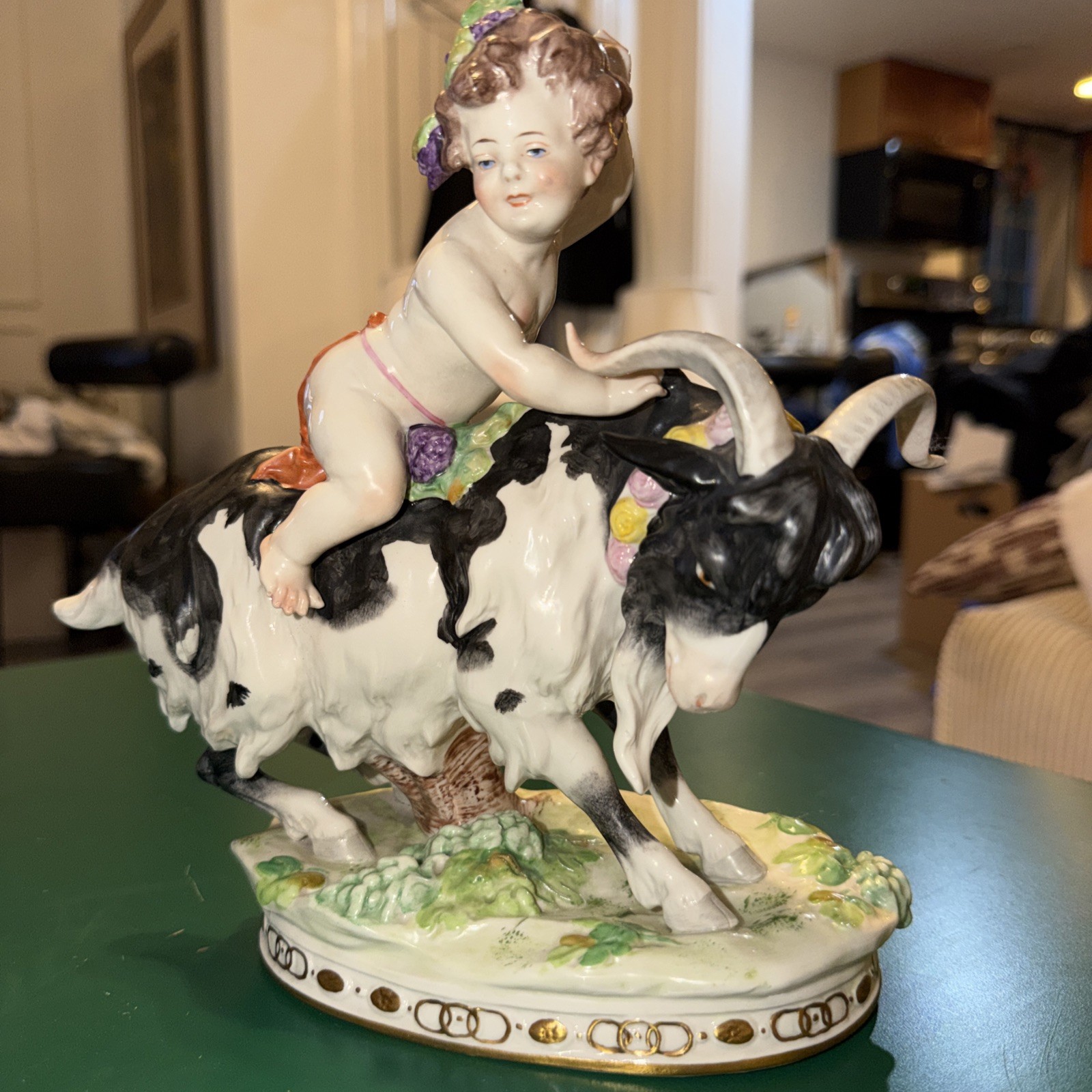 Antique Volkstedt German Porcelain Figurine Child Riding Goat Meissen Style⁠MINT