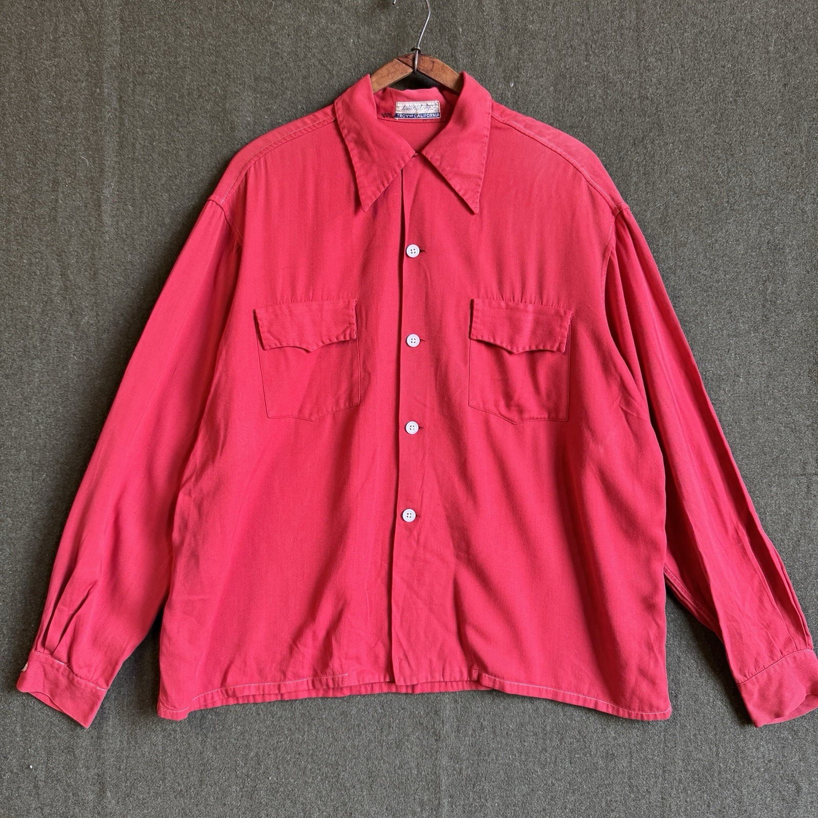 Vintage 40s Troy of California Gabardine Spearpoint Loop Collar Shirt XL 25 x 27