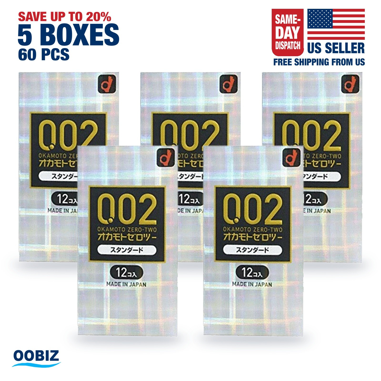 Okamoto Condom 002EX Polyurethane 12Pcs x 5Boxes,regular, Latex-Free,- US Seller