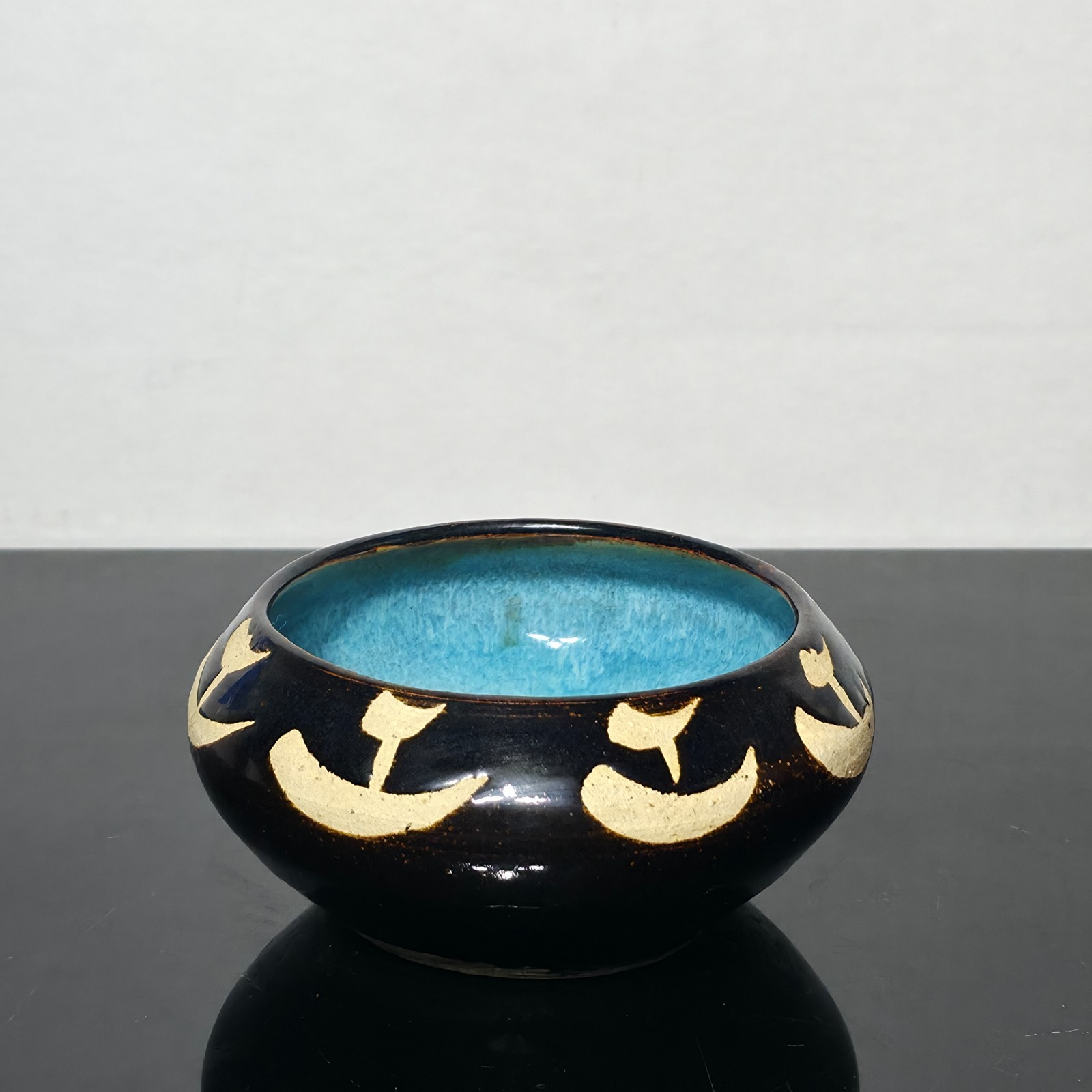 Signed Studio Art Pottery Bowl MCM Turquoise Black Abstract
