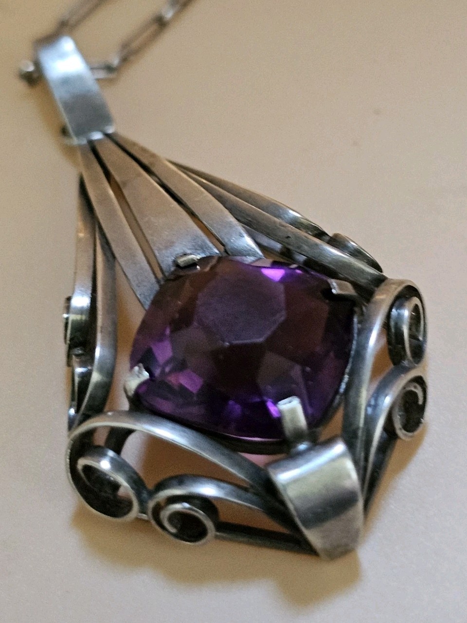 Vintage Norwegian 830 Silver Amethyst Pendant Necklace Handmade Art Deco 18\