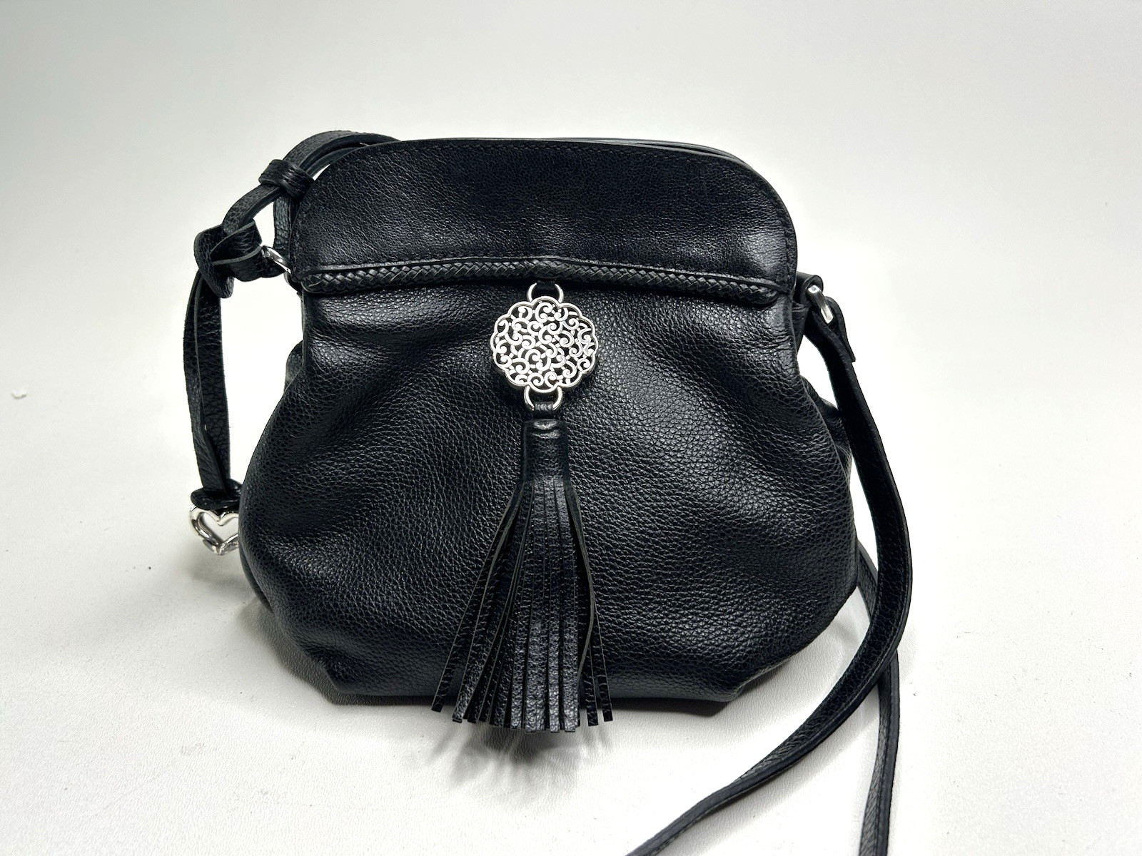 Chic BRIGHTON Park Tassel Pouch Black Pebbled Leather Crossbody Multi Sections