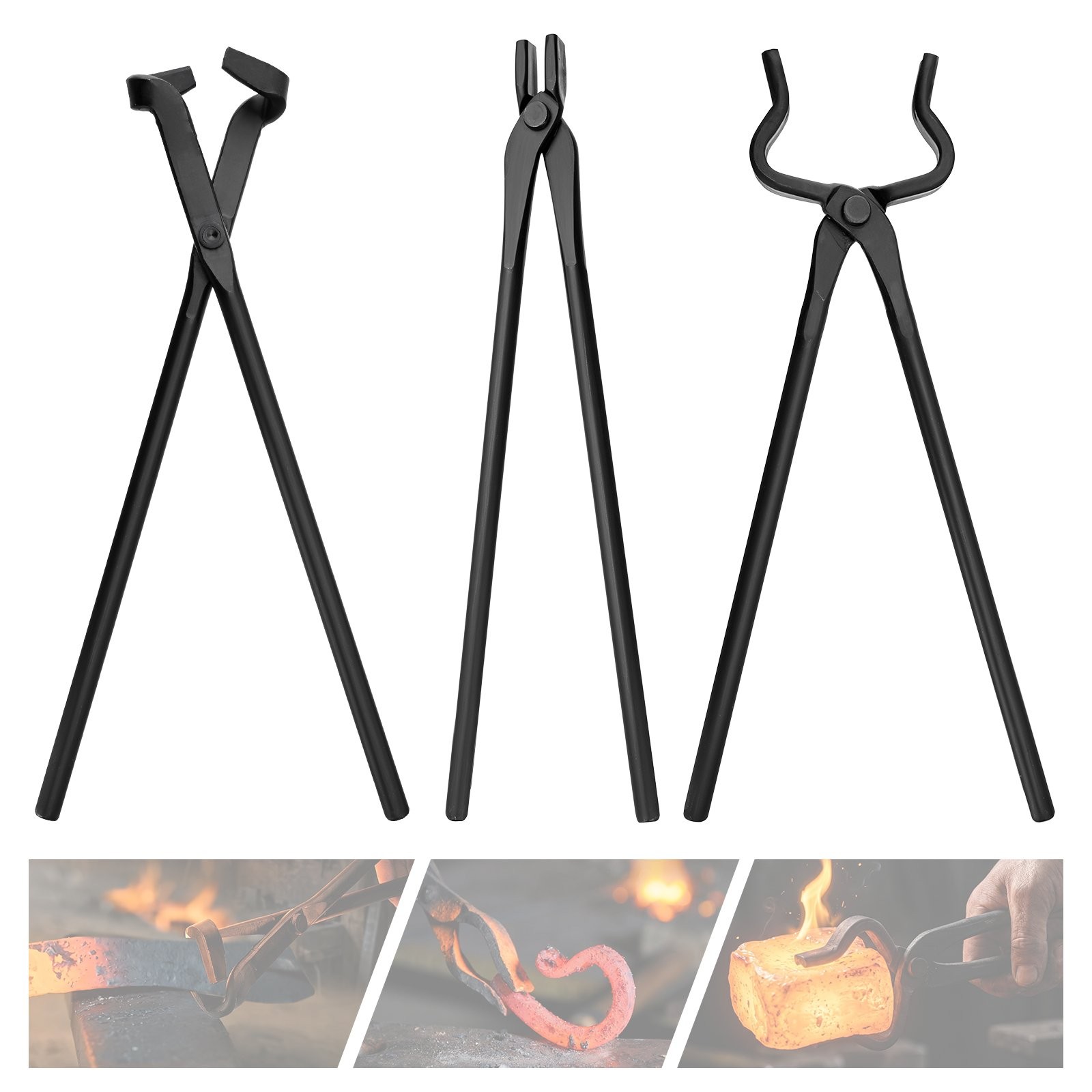3PCS Blacksmith Tongs Set , V-Bit Blade Tongs, Flat Tongs and Blade Tongs Steel