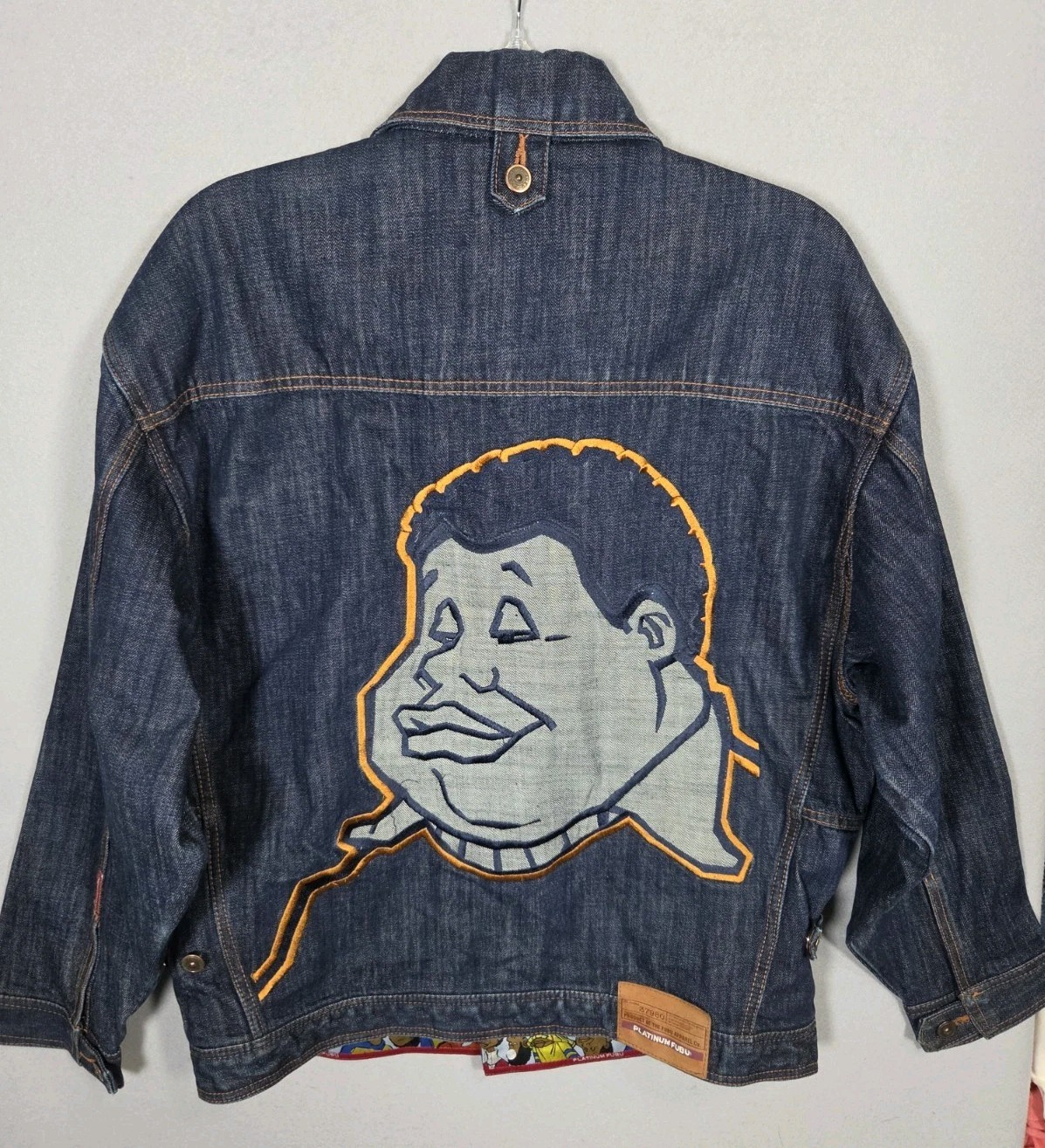 Vtg Platinum FUBU Jacket Mens L Blue Denim Fat Albert Graphic Hip Hop Y2K