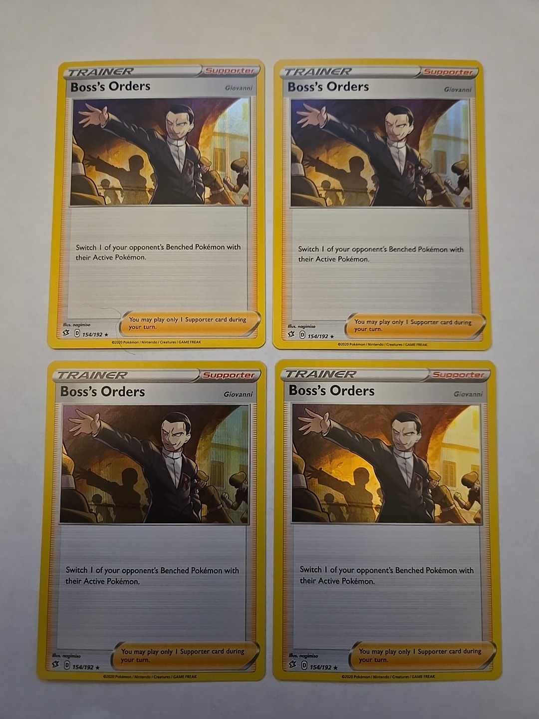 Playset of Boss's Orders 154/192 SWSH Rebel Clash Holo Trainer Pokémon QTY:4 per Playset of Boss's Orders 154/192 SWSH Rebel Clash Holo Trainer Pokémon QTY:4 per