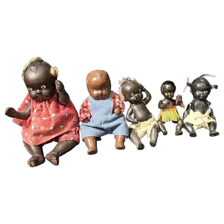 Vintage Lot 5 Black Miniature Baby Dolls Bisque Plastic Jointed Japan Germany HK