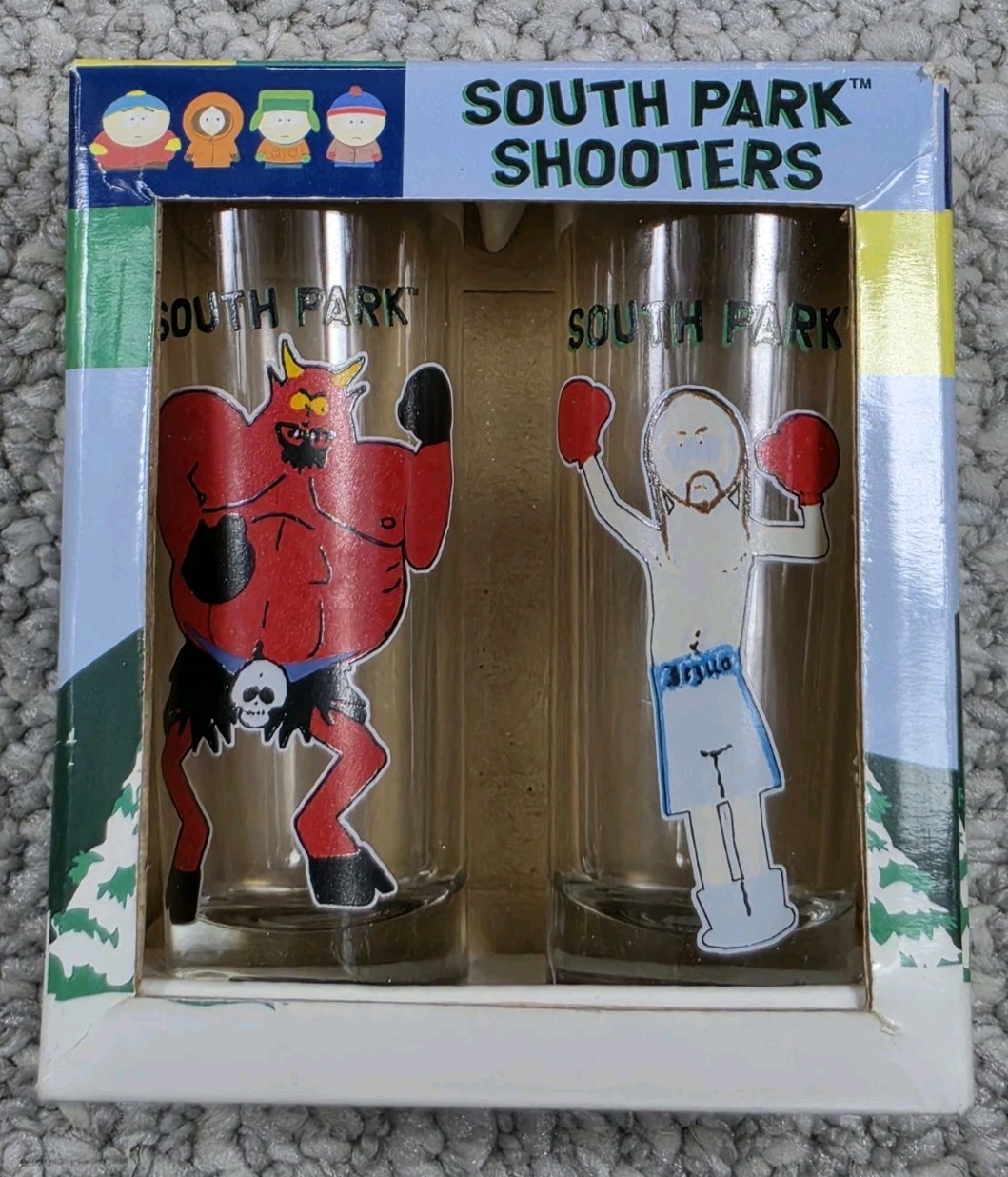 New NOS 1998 Creations South Park Shooter Shot Glasses Satan and Jesus New NOS 1998 Creations South Park Shooter Shot Glasses Satan and Jesus