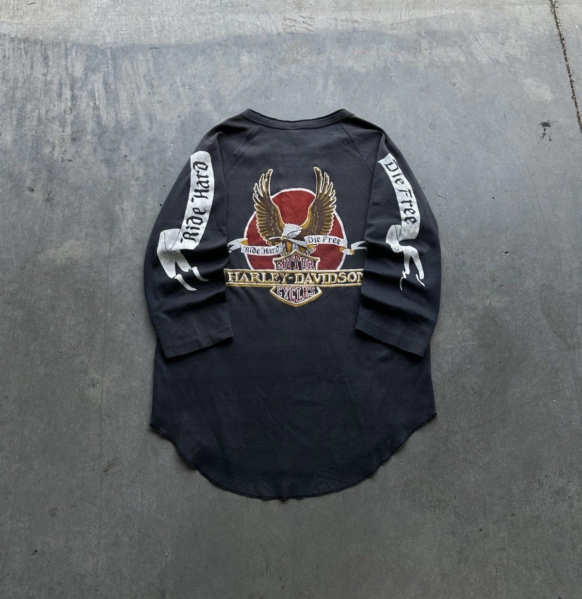 Vintage 70s Harley Davidson Ride Hard Die Free Sleeve Hit Henley Shirt Size Med