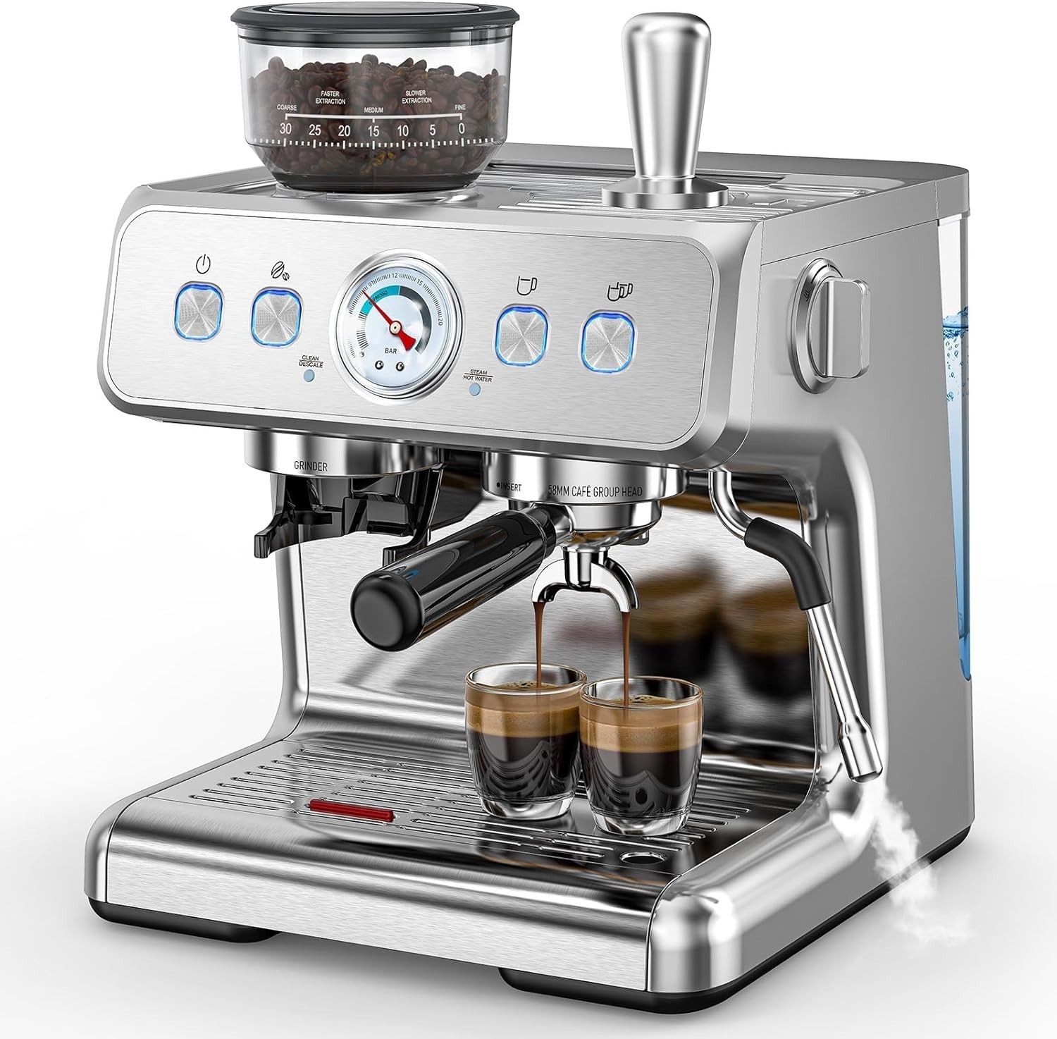 Commercial Espresso Machine 15 Bar, Semi-Automatic Coffee Maker w/ Bean Grinder Commercial Espresso Machine 15 Bar, Semi-Automatic Coffee Maker w/ Bean Grinder