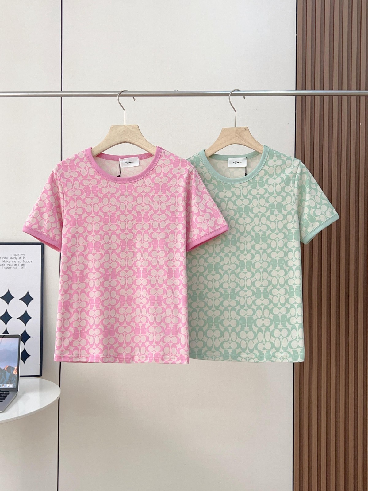 NWT COACH Women's Signature Pink & Green cotton T-shirt