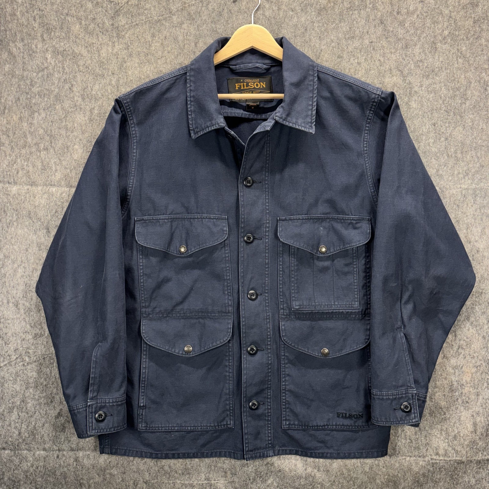 C.C. Filson Field Cruiser Jacket Blue Mussel Men\'s Medium Chore Coat Pockets 