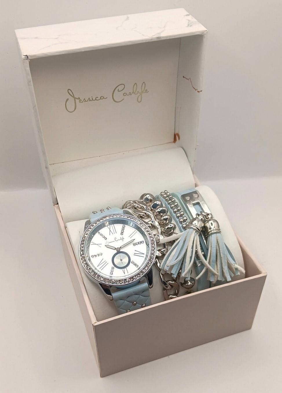 Jessica Carlyle Women\'s Light Blue Watch & Bracelet Set - Crystal Bezel Stacking