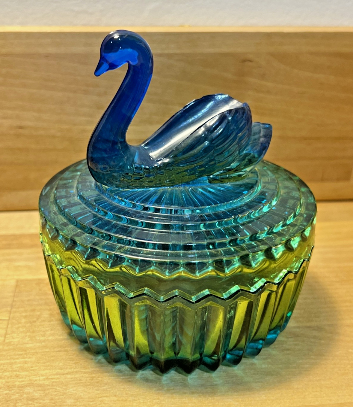 Jeannette Glass Co. Blue & Green Ombre Swan Powder Dish w/Lipstick Holder