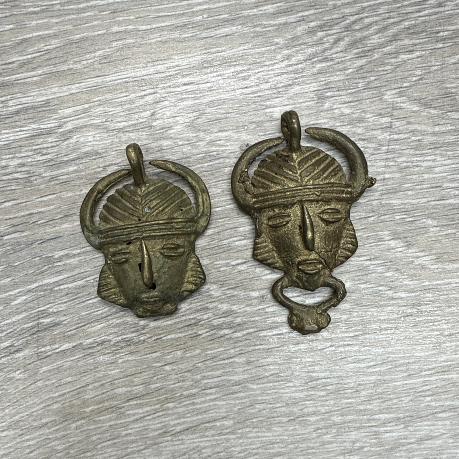 Pair of Vintage Ashanti / Akan Brass Mask Pendants — Ghana (Lost-Wax Cast)