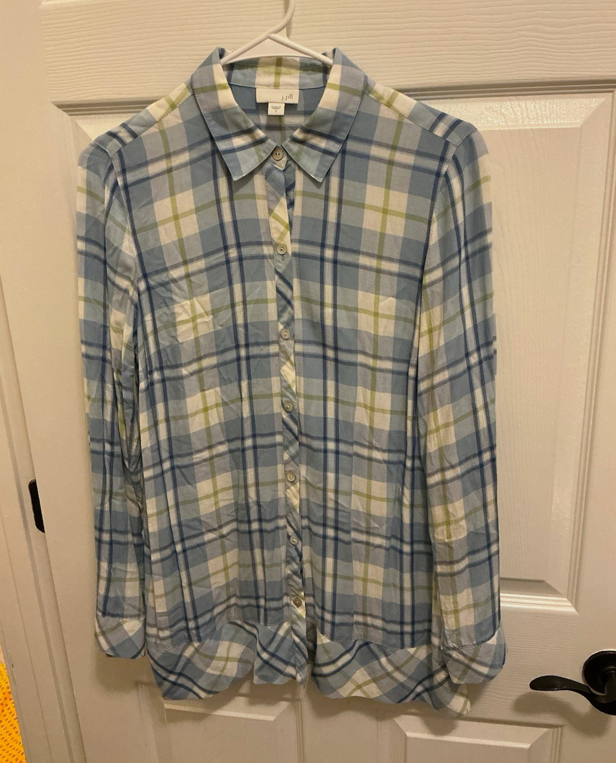 J. Jill women’s S Plaid Long Sleeve Button-Up Shirt Woven Rayon Viscose Blue J. Jill women’s S Plaid Long Sleeve Button-Up Shirt Woven Rayon Viscose Blue