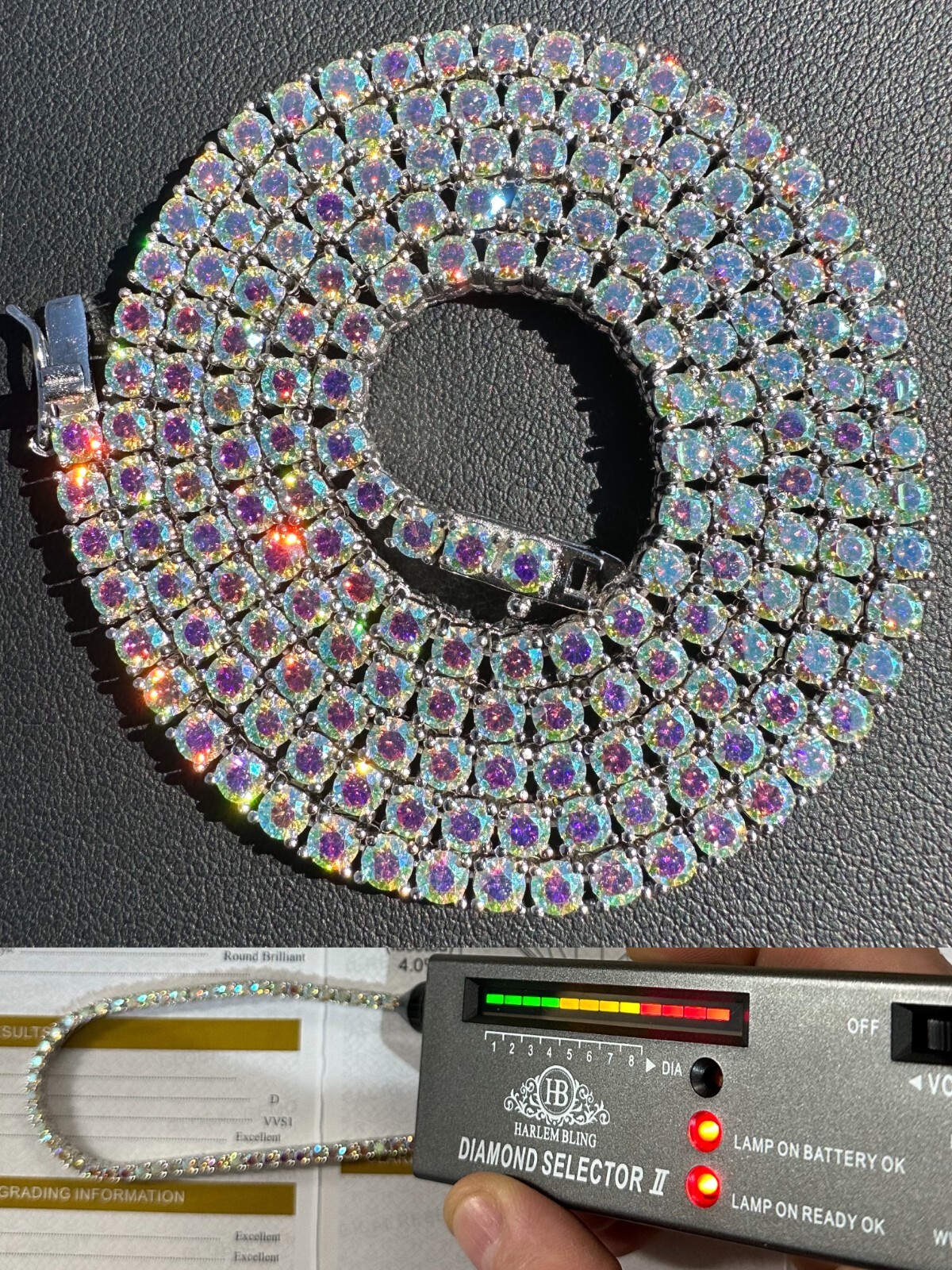 Real Opal Rainbow MOISSANITE 3mm Tennis Chain 925 Silver Iced Necklace Pass Test