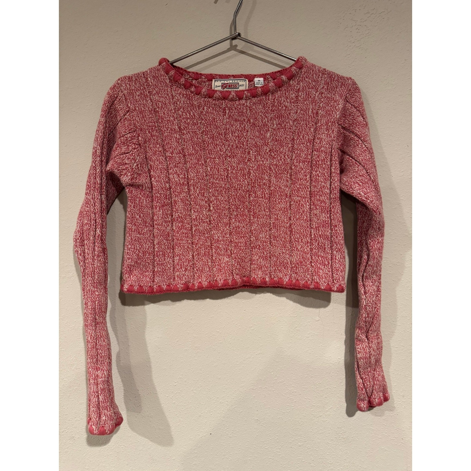 Vintage 90s/Y2K Guess Marled Knit Cropped Sweater Size M - Ribbed Pink White